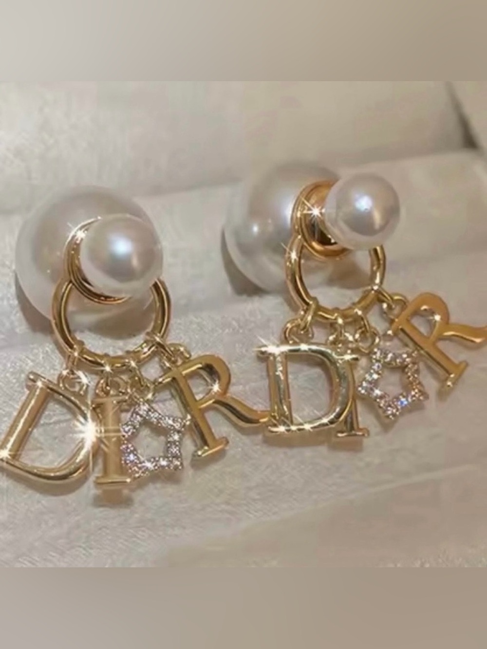 & Other Stories Gold Pearl Drop Earrings with Letter and Crystal Charms